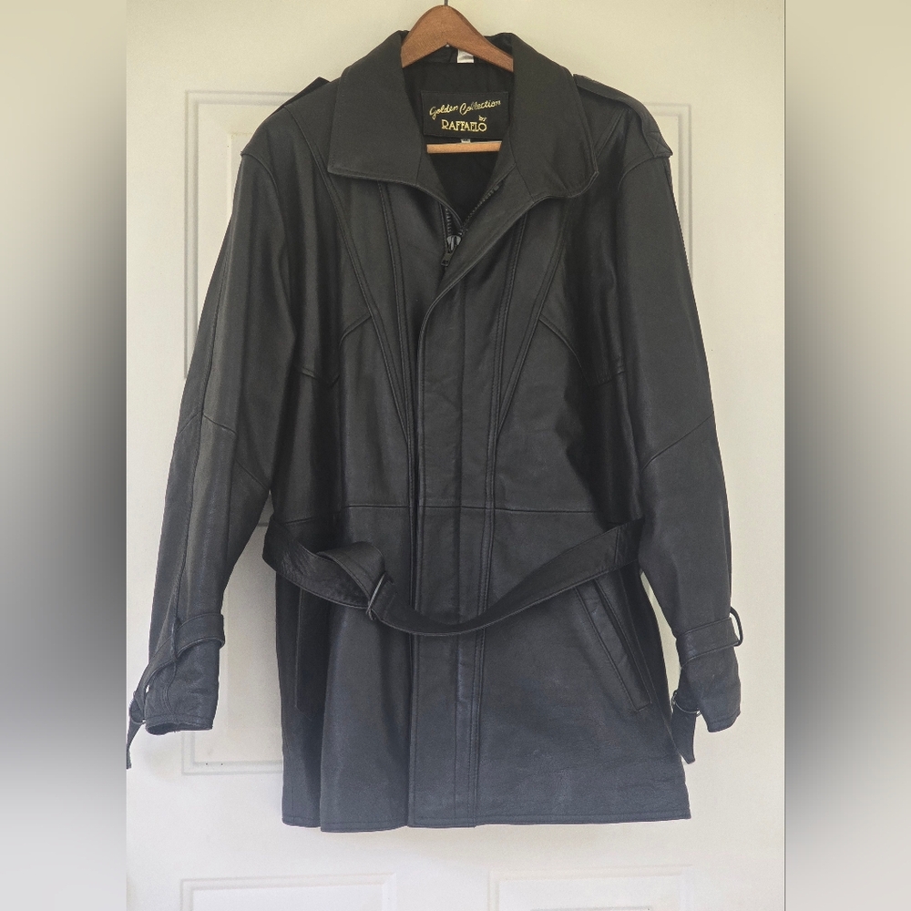 Golden Collection By Raffaelo Black Leather Mid Length Coat Belt Double Ziper 40